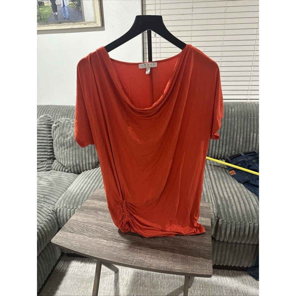Chaus Size M Womens Blouse Top Orange Short Sleeve Cowl Neck Lightweight Chic